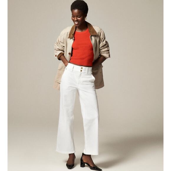 J.Crew Petite Slim Wide Leg Jeans WMNS 24P White Denim Stacked Buttons Stretch - Picture 1 of 7